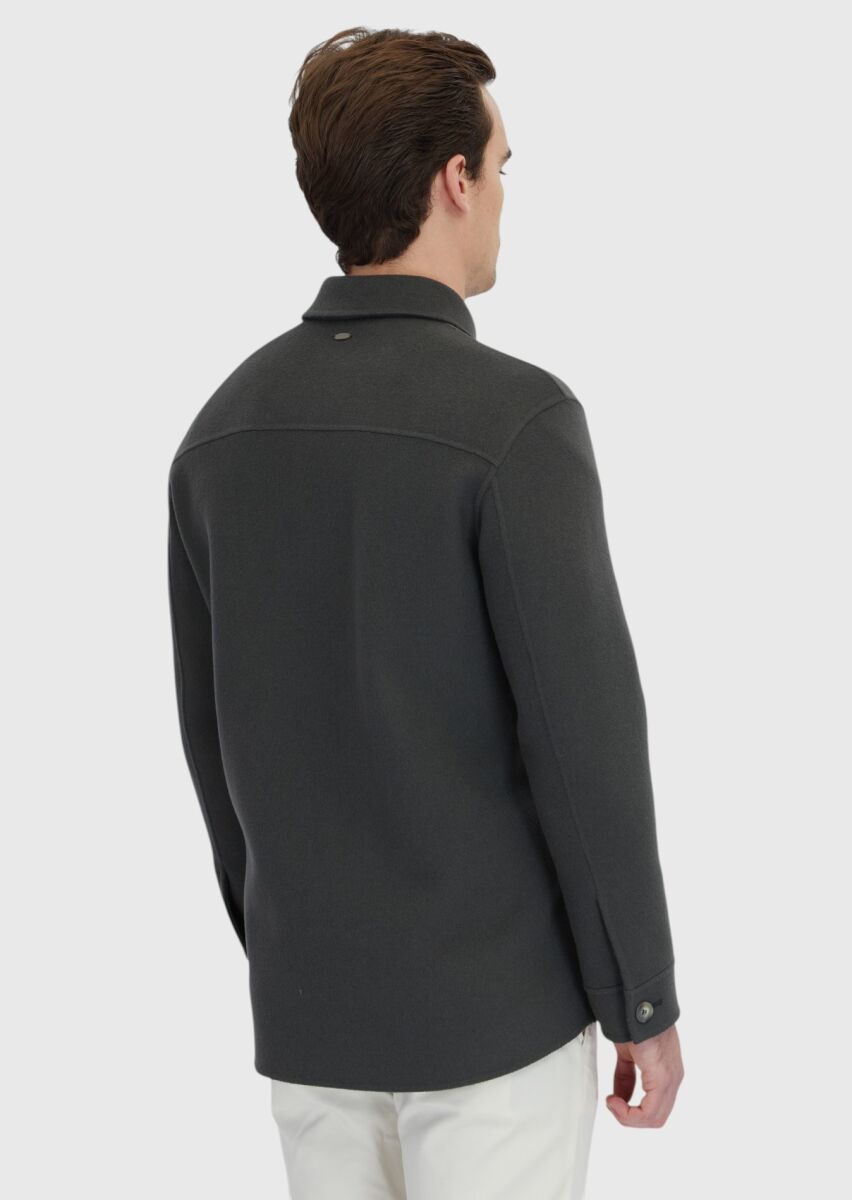 Haki Düz Regular Fit Dokuma Yün Karışımlı Overshırt - 7