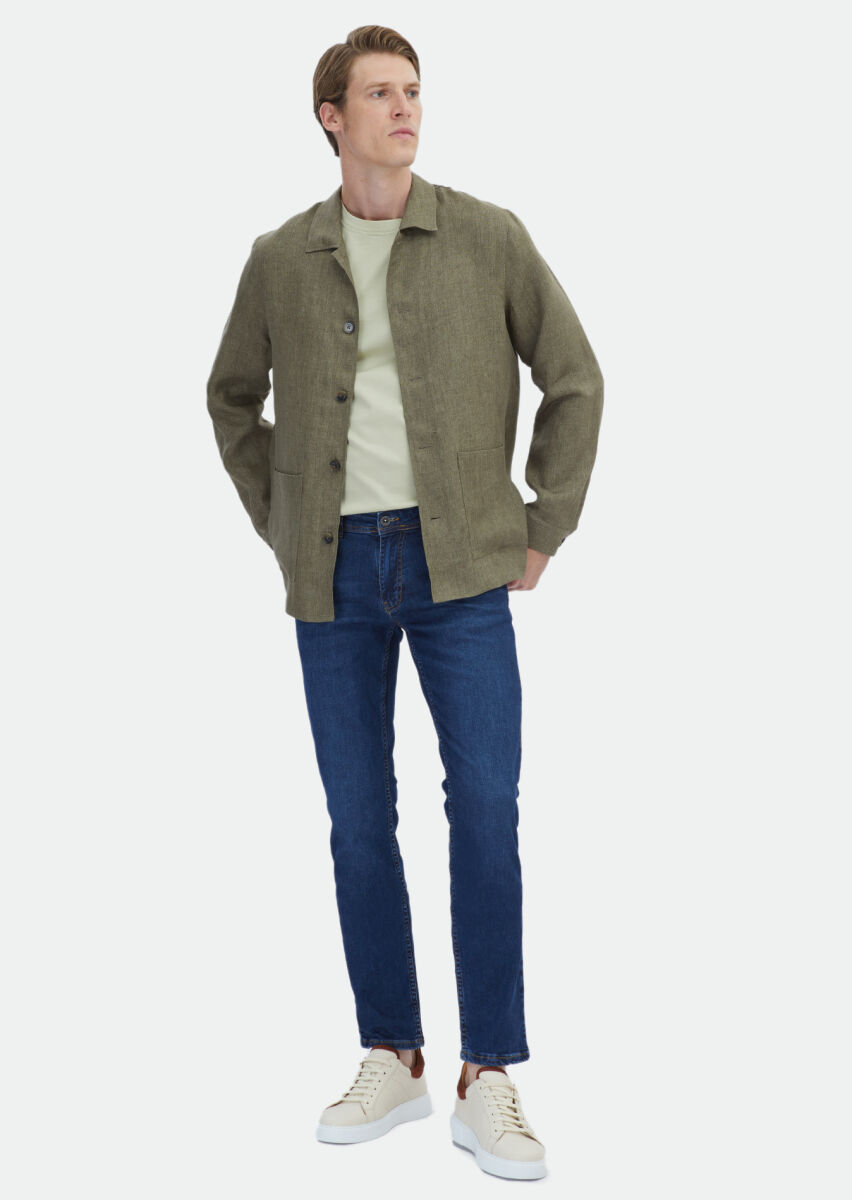 Haki Düz Regular Fit Uzun Dokuma %100 Keten Overshırt - 3