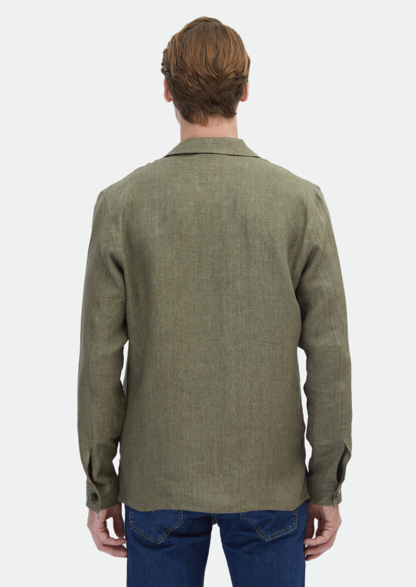 Haki Düz Regular Fit Uzun Dokuma %100 Keten Overshırt - 6
