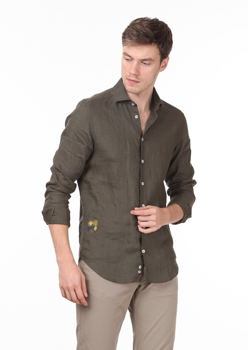 Haki Düz Regular Fit Uzun Dokuma Casual %100 Keten Gömlek - 1