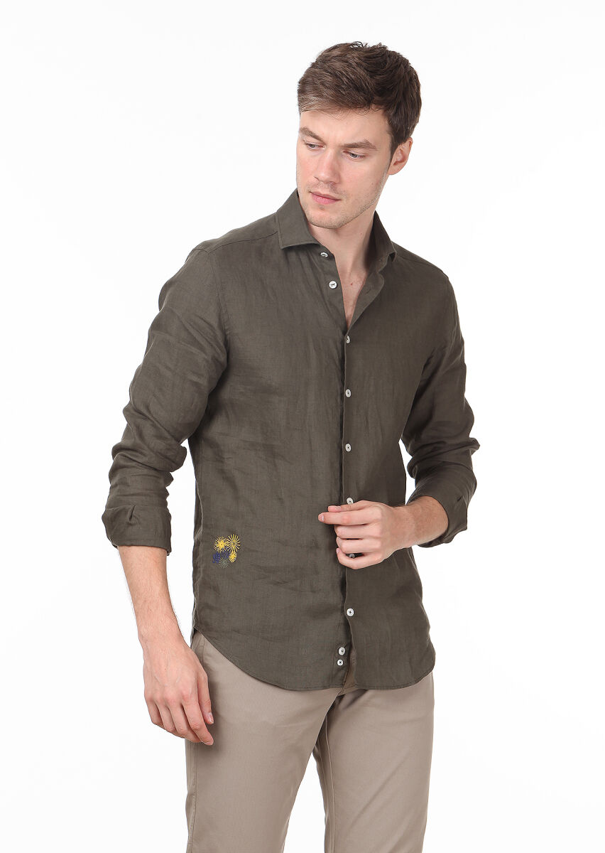 Haki Düz Regular Fit Uzun Dokuma Casual %100 Keten Gömlek - 1