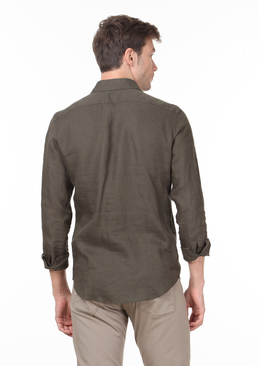 Haki Düz Regular Fit Uzun Dokuma Casual %100 Keten Gömlek - 4