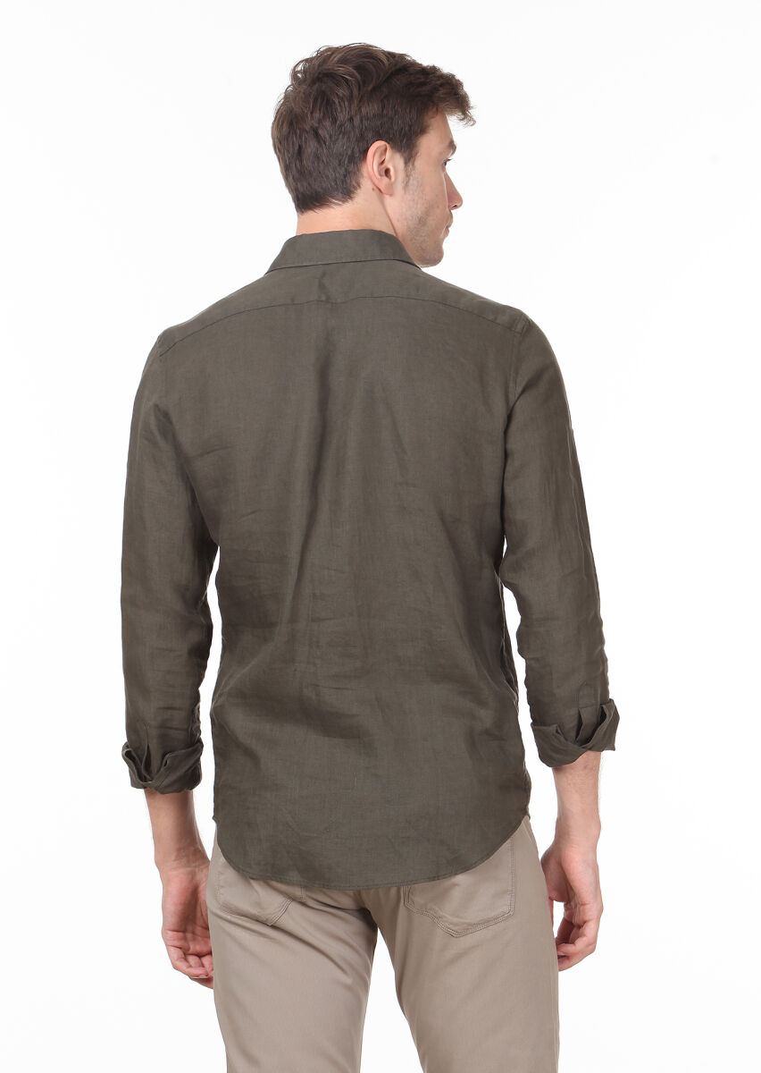 Haki Düz Regular Fit Uzun Dokuma Casual %100 Keten Gömlek - 4