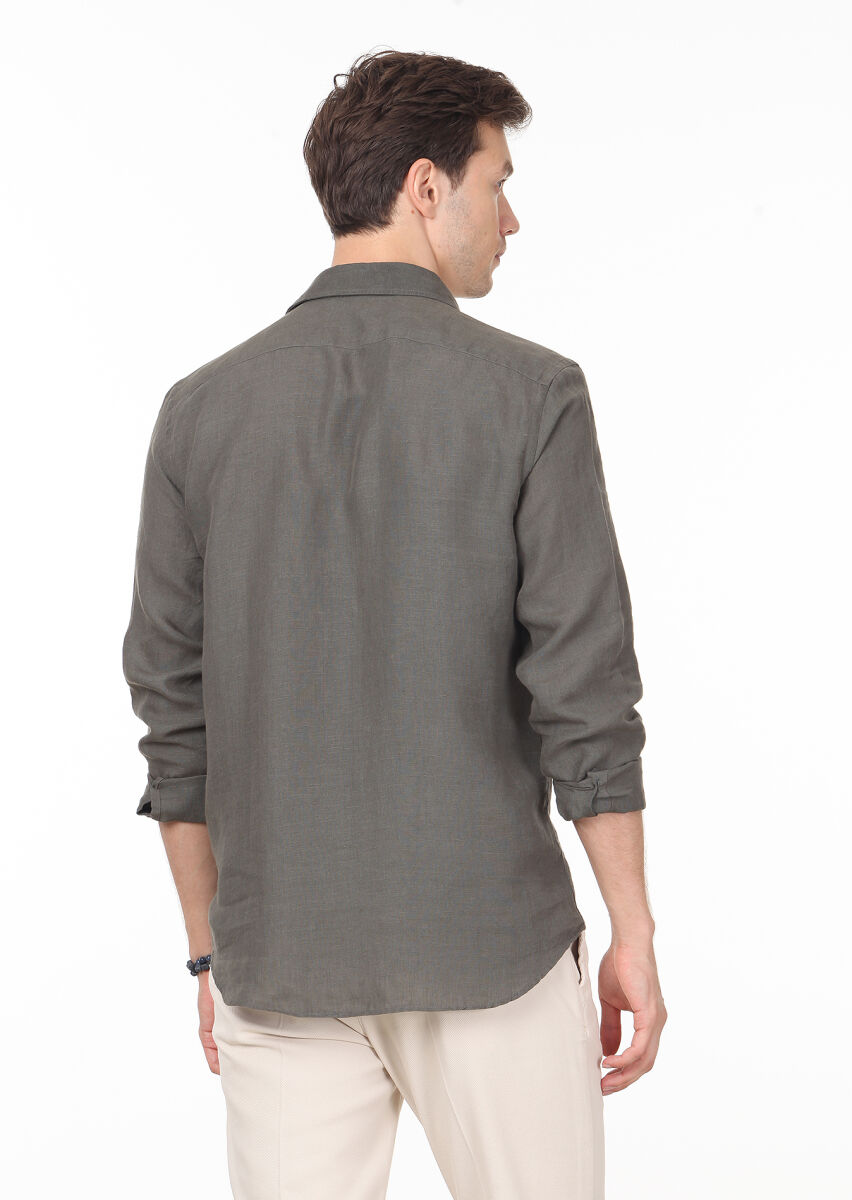 Haki Düz Regular Fit Uzun Dokuma Casual Pamuk Karışımlı Gömlek - 4
