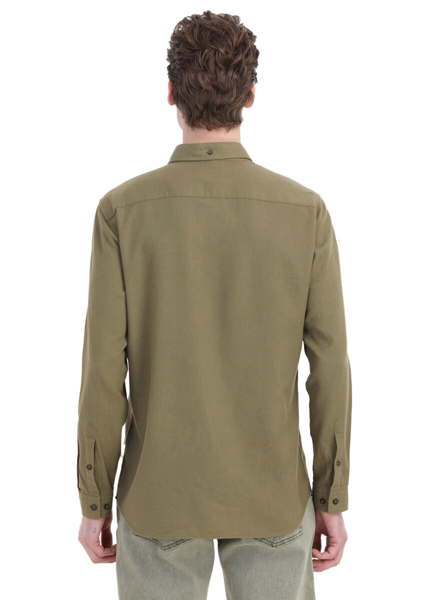 Haki Düz Regular Fit Uzun Dokuma Casual Yün Karışımlı Gömlek - 5