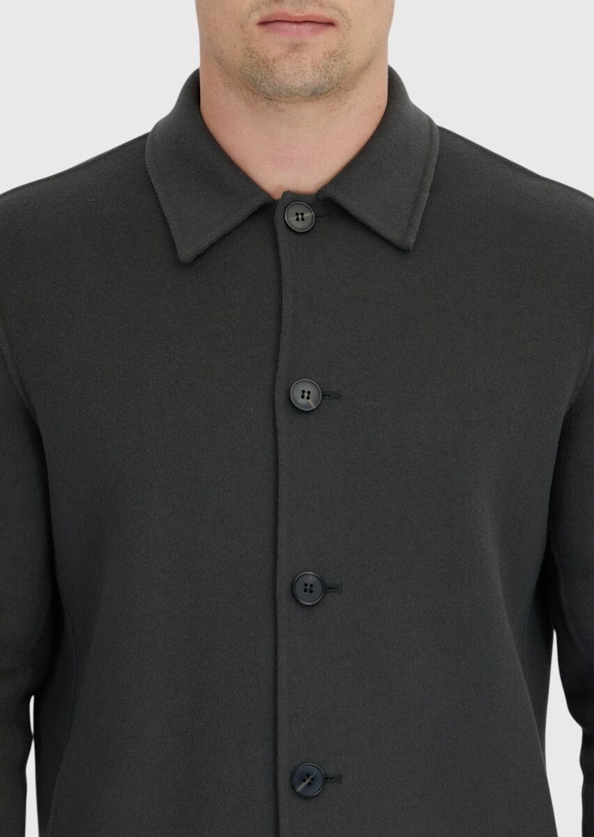 Haki Düz Regular Fit Uzun Dokuma Yün Karışımlı Overshırt - 5