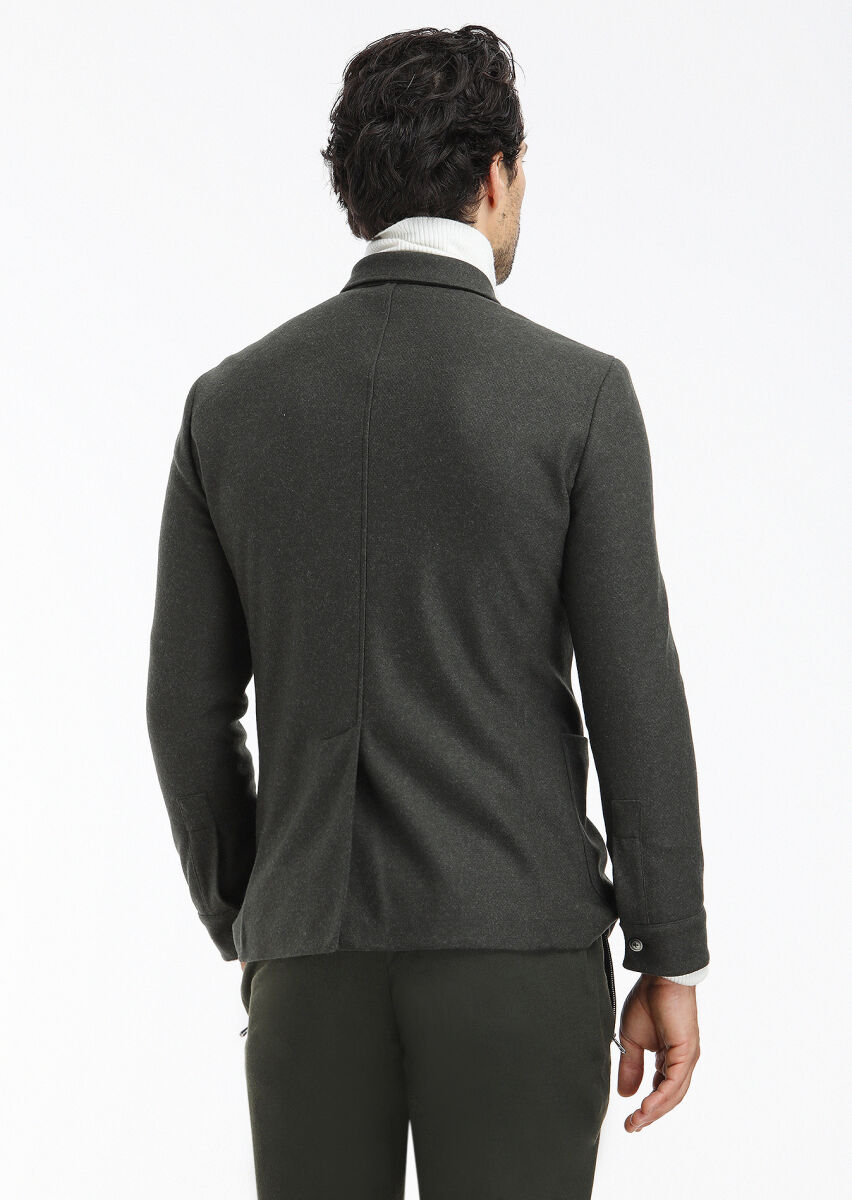 Haki Düz Shirt Shoulder Slim Fit Yün Karışımlı Örme Ceket - 5