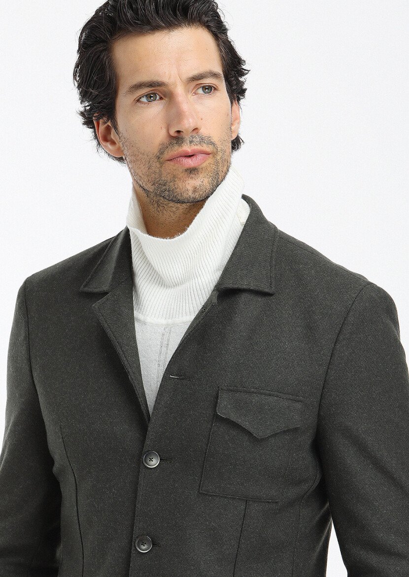 Haki Düz Shirt Shoulder Slim Fit Yün Karışımlı Örme Ceket - 2