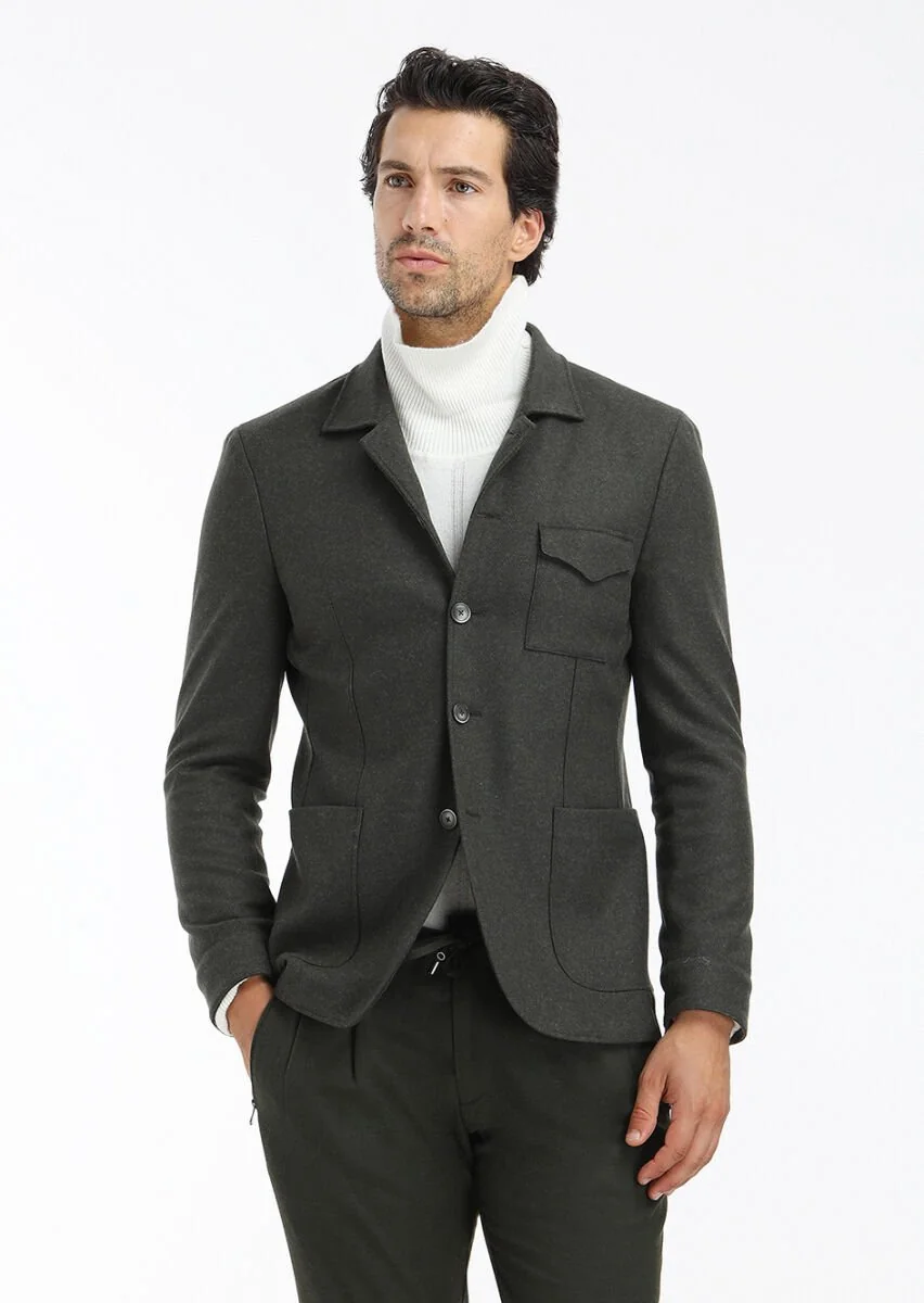 Haki Düz Shirt Shoulder Slim Fit Yün Karışımlı Örme Ceket - 3