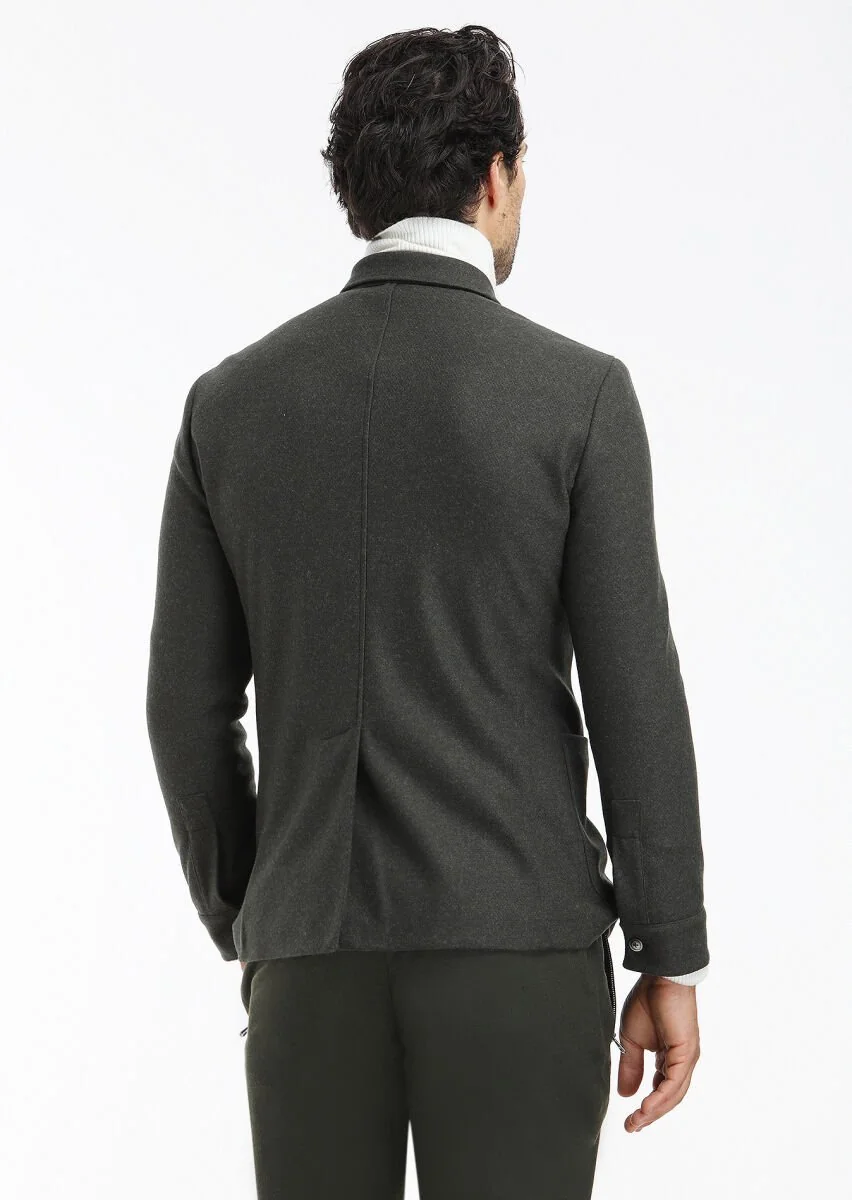 Haki Düz Shirt Shoulder Slim Fit Yün Karışımlı Örme Ceket - 5