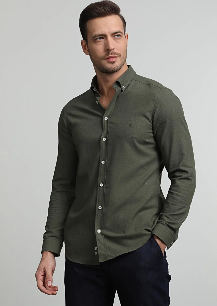 Haki Düz Slim Fit Dokuma Casual %100 Pamuk Gömlek - 1