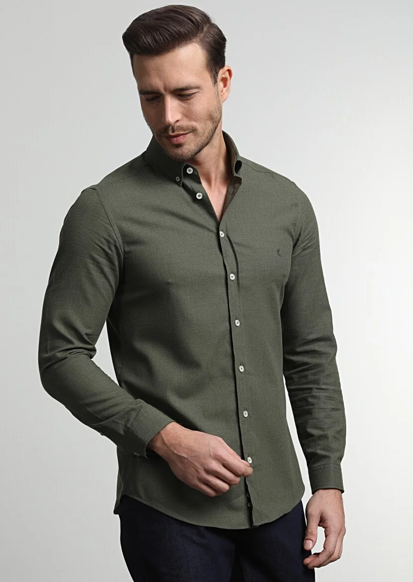 Haki Düz Slim Fit Dokuma Casual %100 Pamuk Gömlek - 3