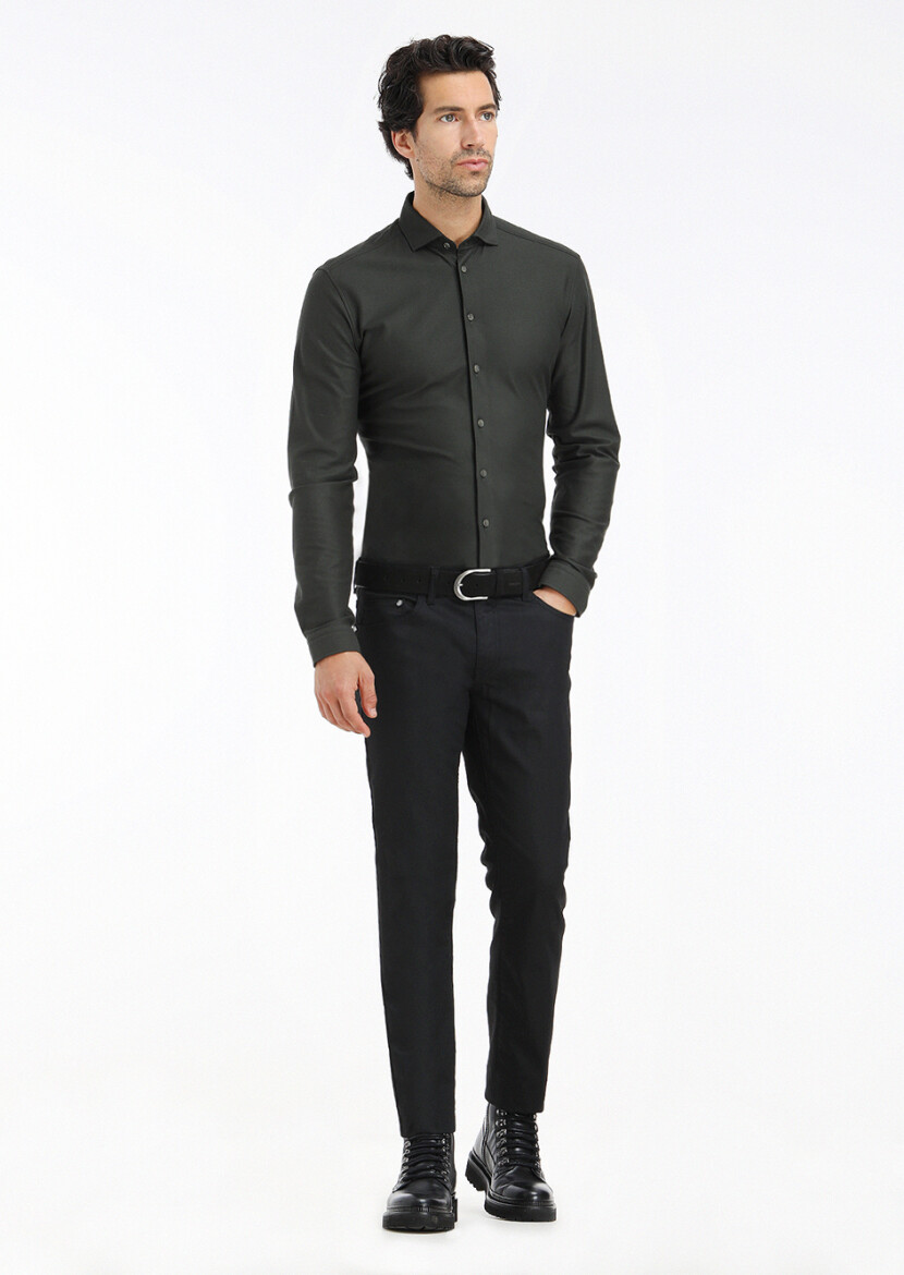 Haki Düz Slim Fit Uzun Casual %100 Pamuk Gömlek 