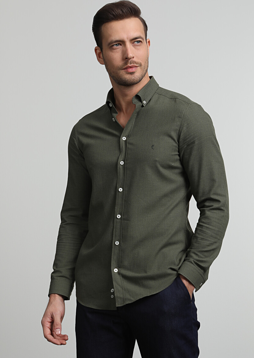 Haki Düz Slim Fit Uzun Dokuma Casual %100 Pamuk Gömlek - 1