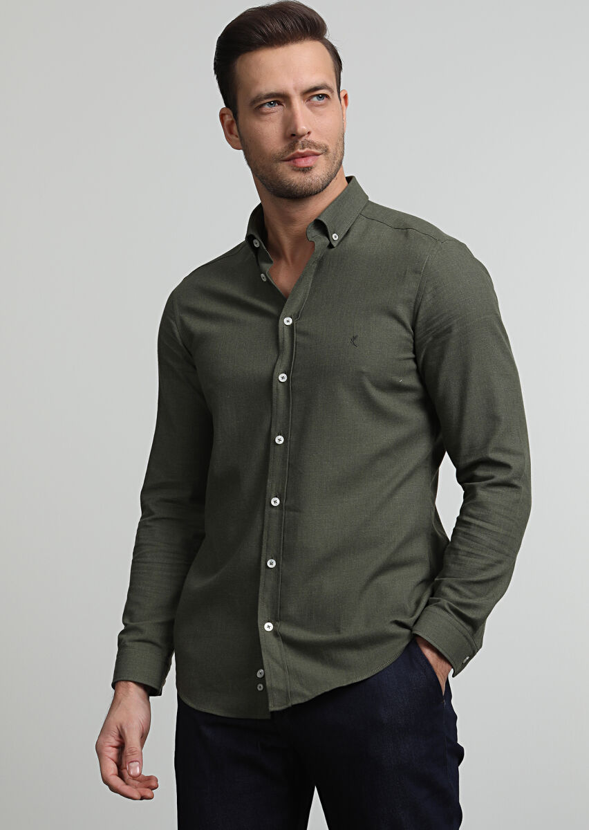 Haki Düz Slim Fit Uzun Dokuma Casual %100 Pamuk Gömlek - 1