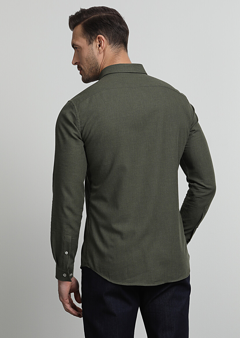 Haki Düz Slim Fit Uzun Dokuma Casual %100 Pamuk Gömlek - 4