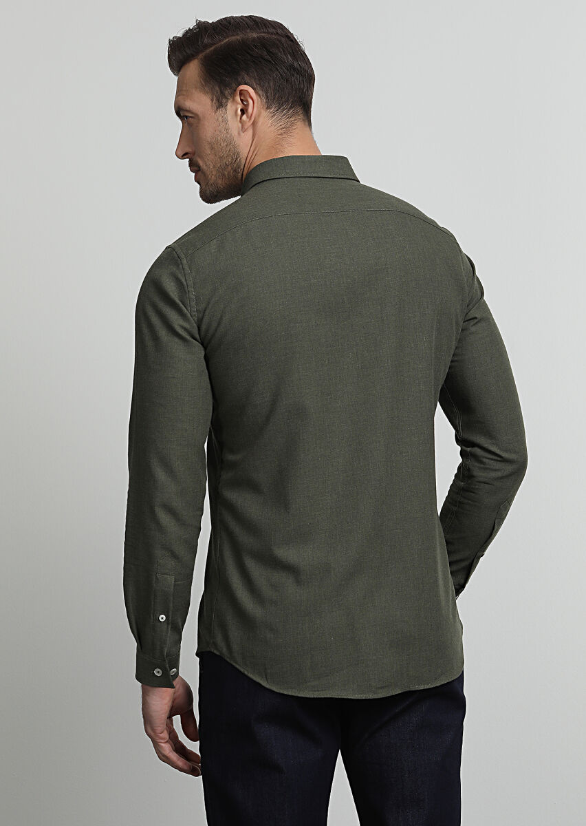 Haki Düz Slim Fit Uzun Dokuma Casual %100 Pamuk Gömlek - 4