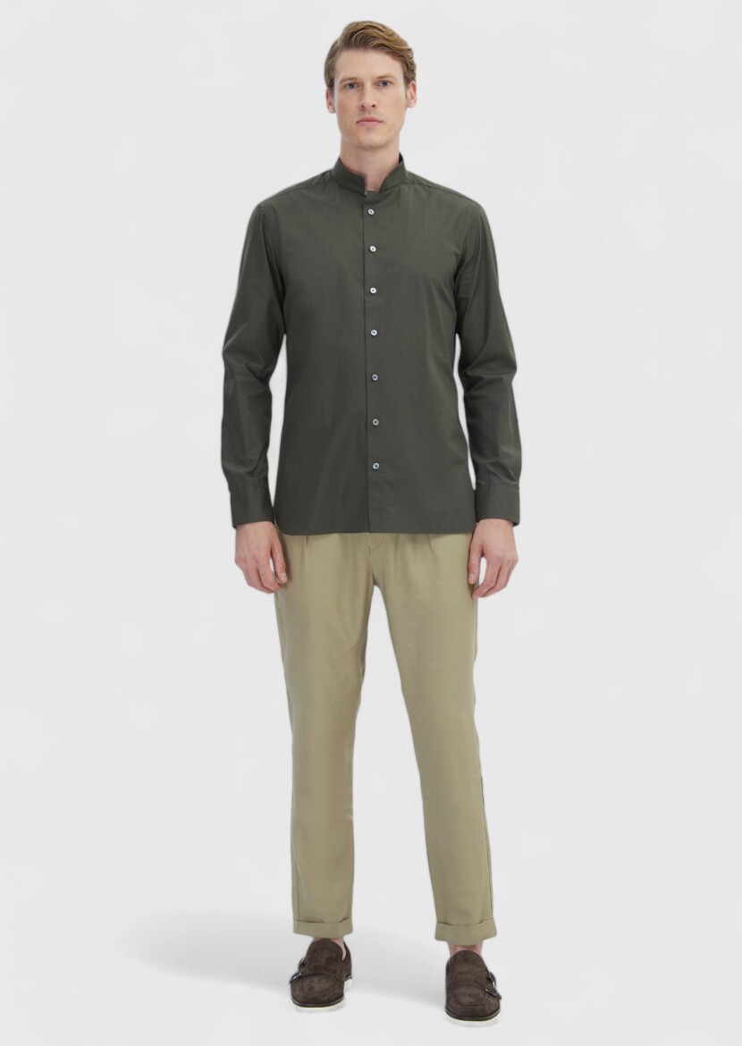 Haki Düz Slim Fit Uzun Dokuma Klasik %100 Pamuk Gömlek - 2