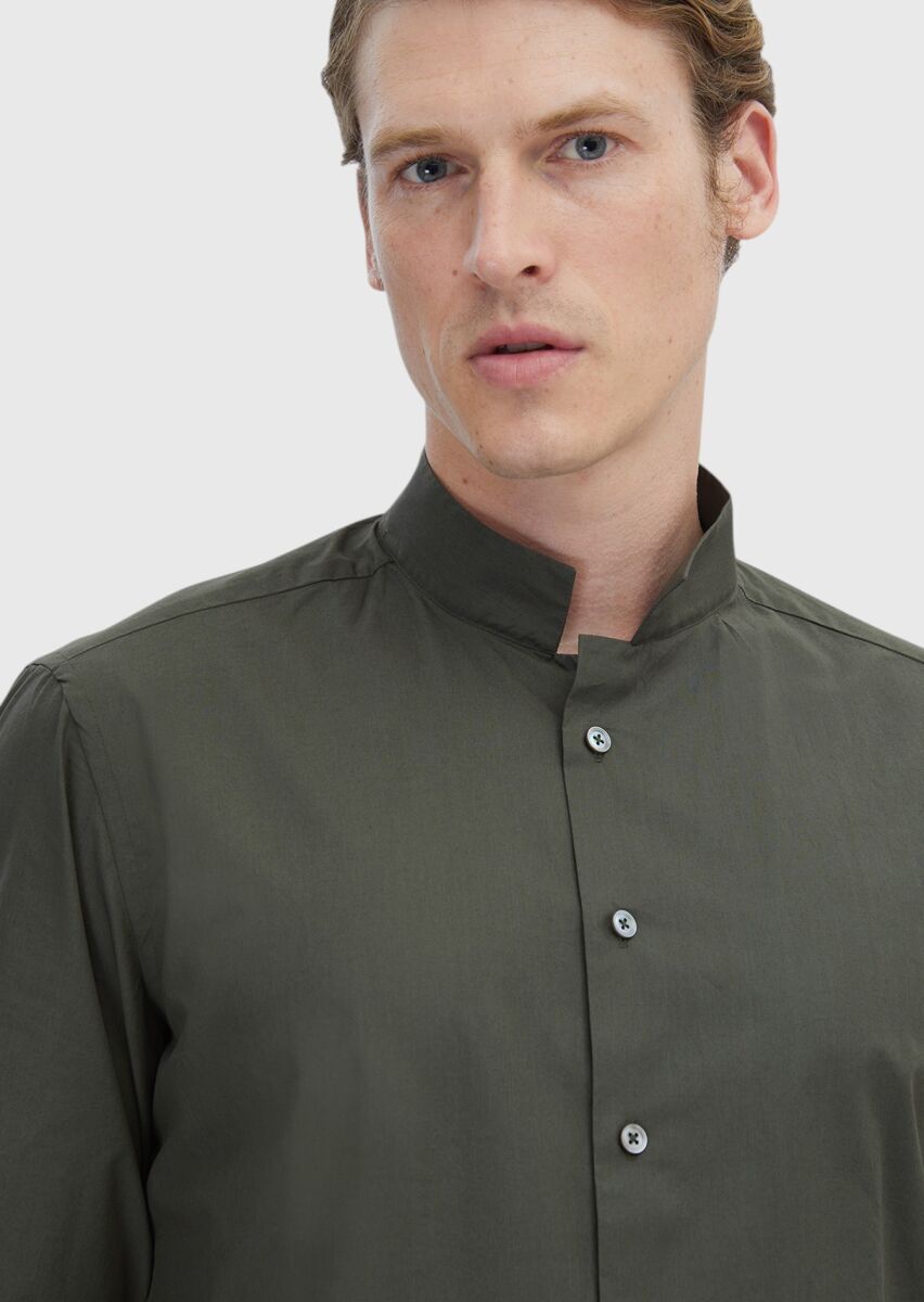 Haki Düz Slim Fit Uzun Dokuma Klasik %100 Pamuk Gömlek - 3