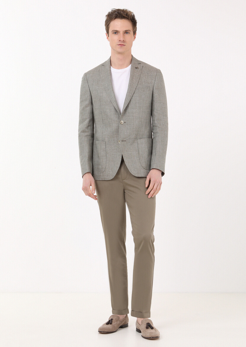 Haki Düz Zeroweight Slim Fit %100 Keten Ceket - 2