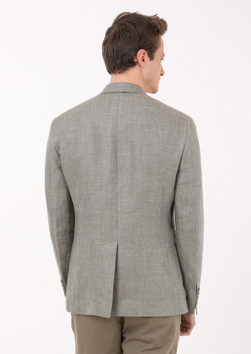 Haki Düz Zeroweight Slim Fit %100 Keten Ceket - 3
