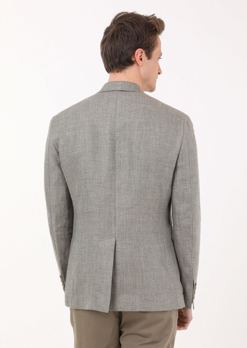 Haki Düz Zeroweight Slim Fit %100 Keten Ceket - 3