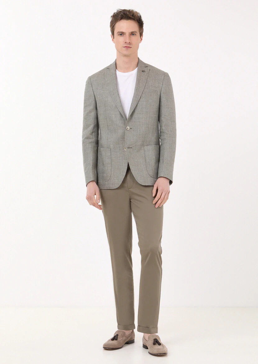Haki Düz Zeroweight Slim Fit %100 Keten Ceket - 3
