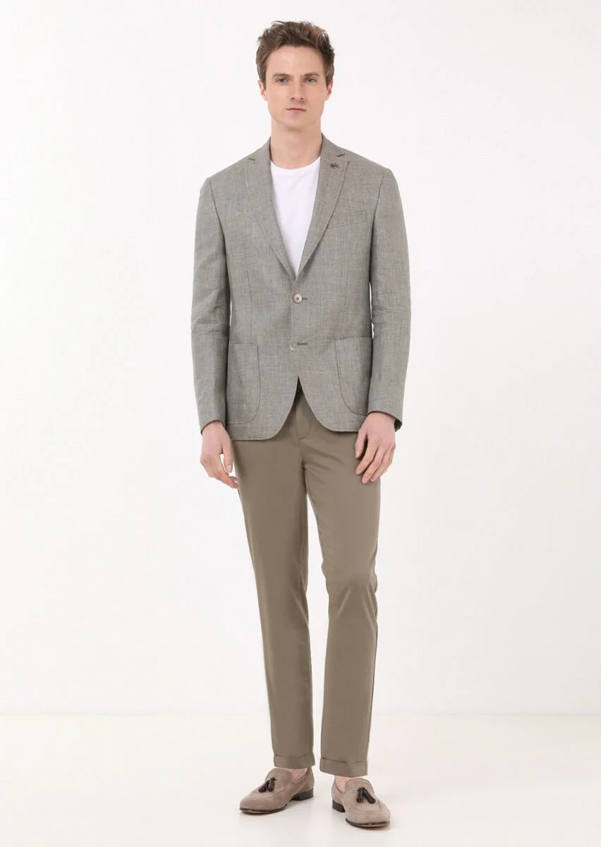 Haki Düz Zeroweight Slim Fit %100 Keten Ceket - 3