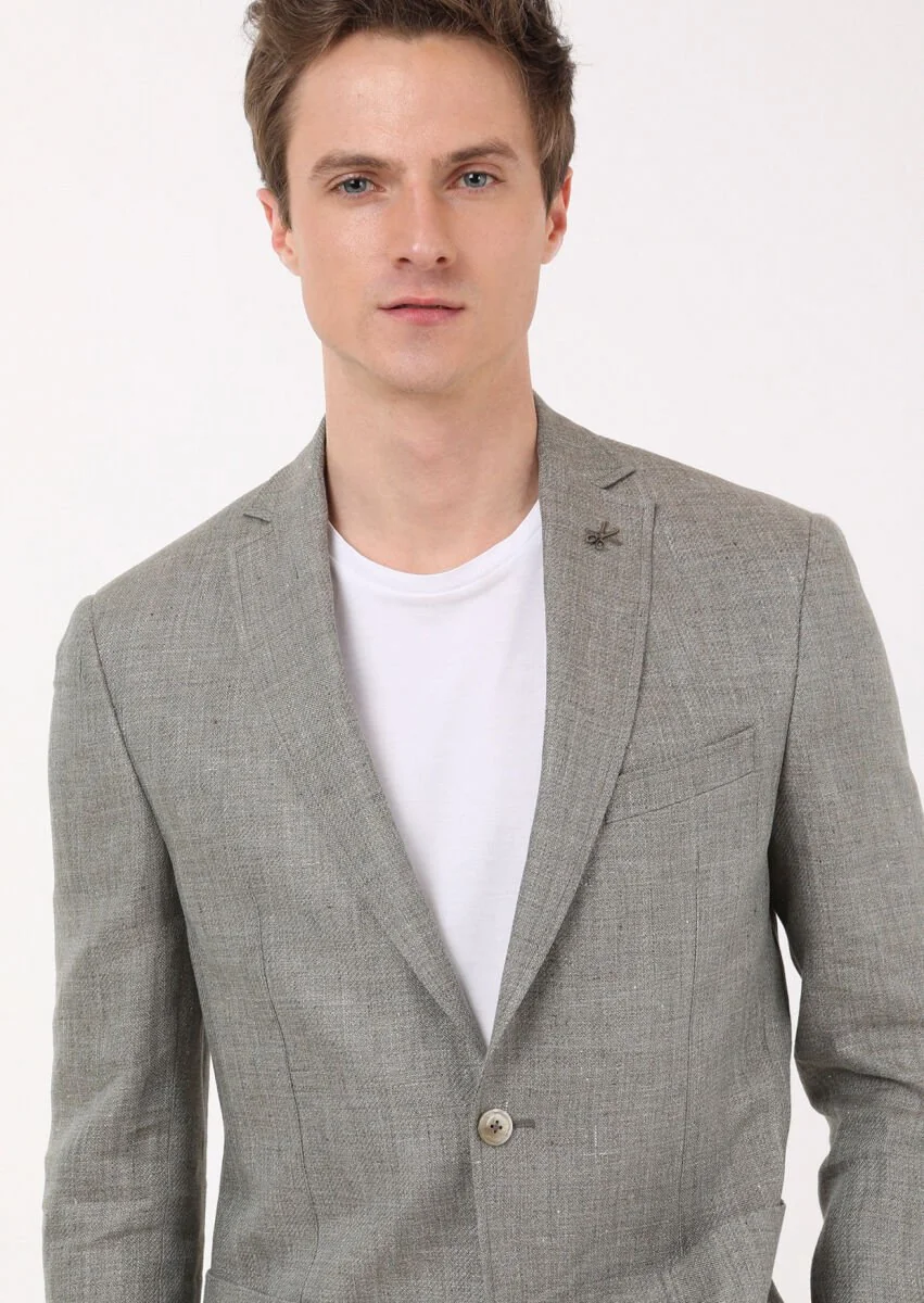 Haki Düz Zeroweight Slim Fit %100 Keten Ceket - 4