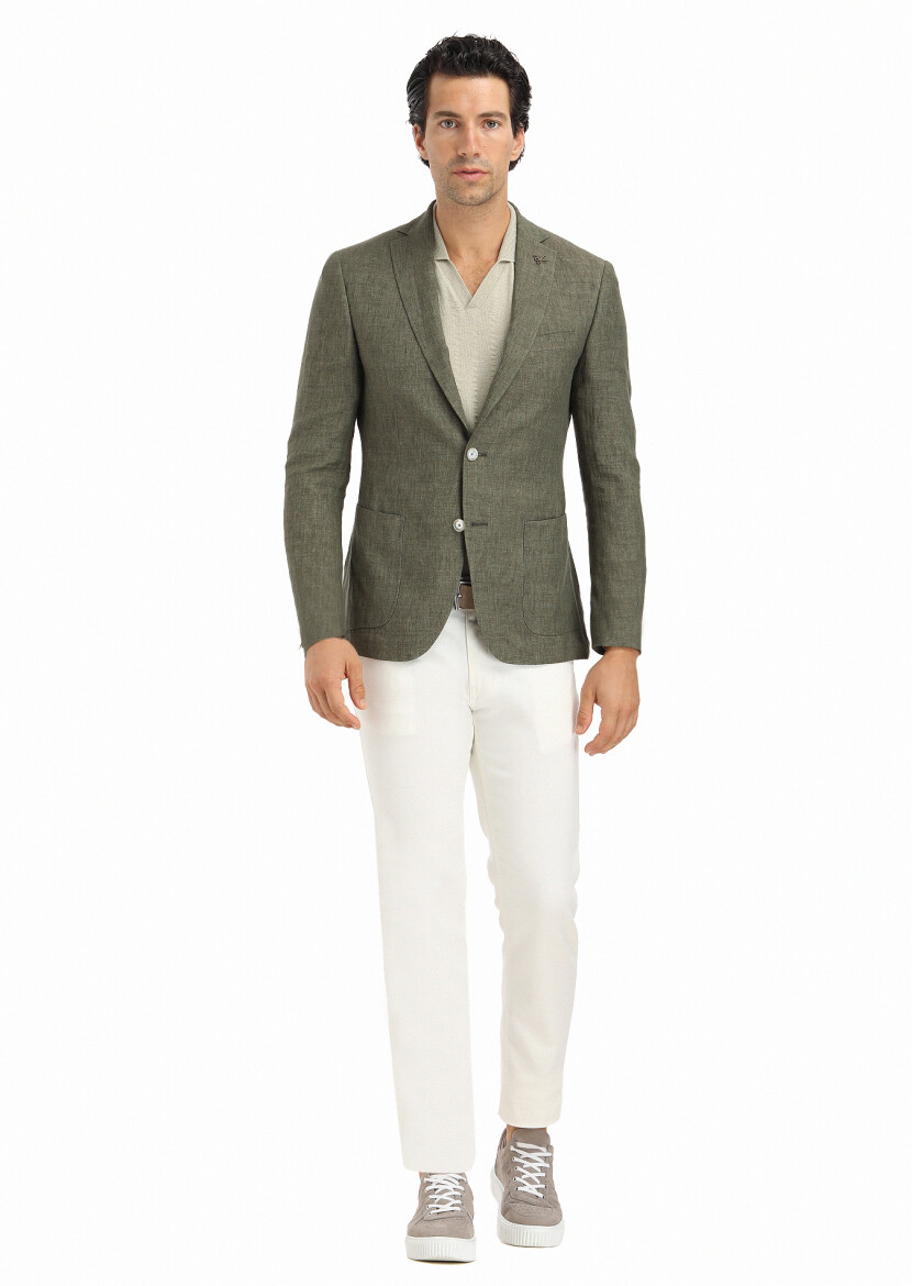 Haki Düz Zeroweight Slim Fit %100 Keten Ceket - 1
