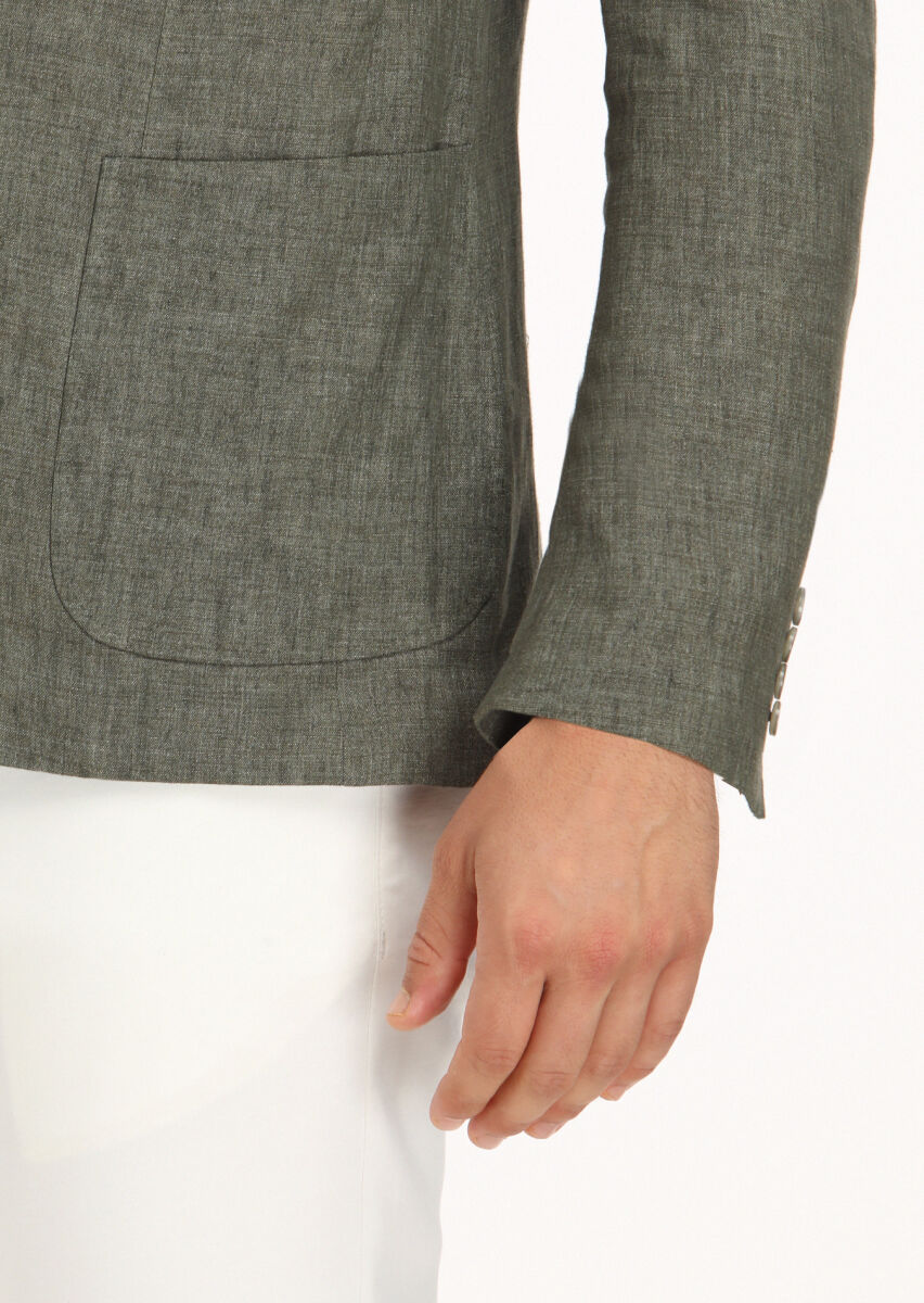 Haki Düz Zeroweight Slim Fit %100 Keten Ceket - 3