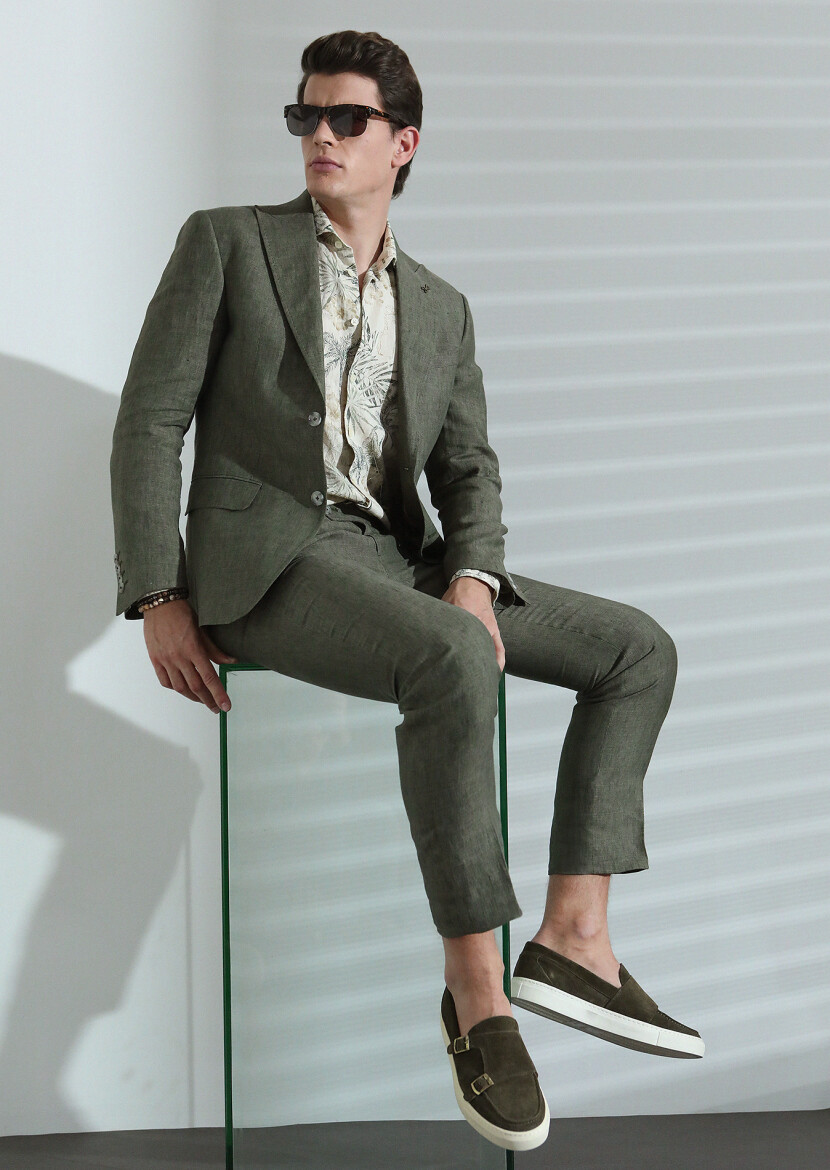 Haki Düz Zeroweight Slim Fit %100 Keten Takım Elbise 