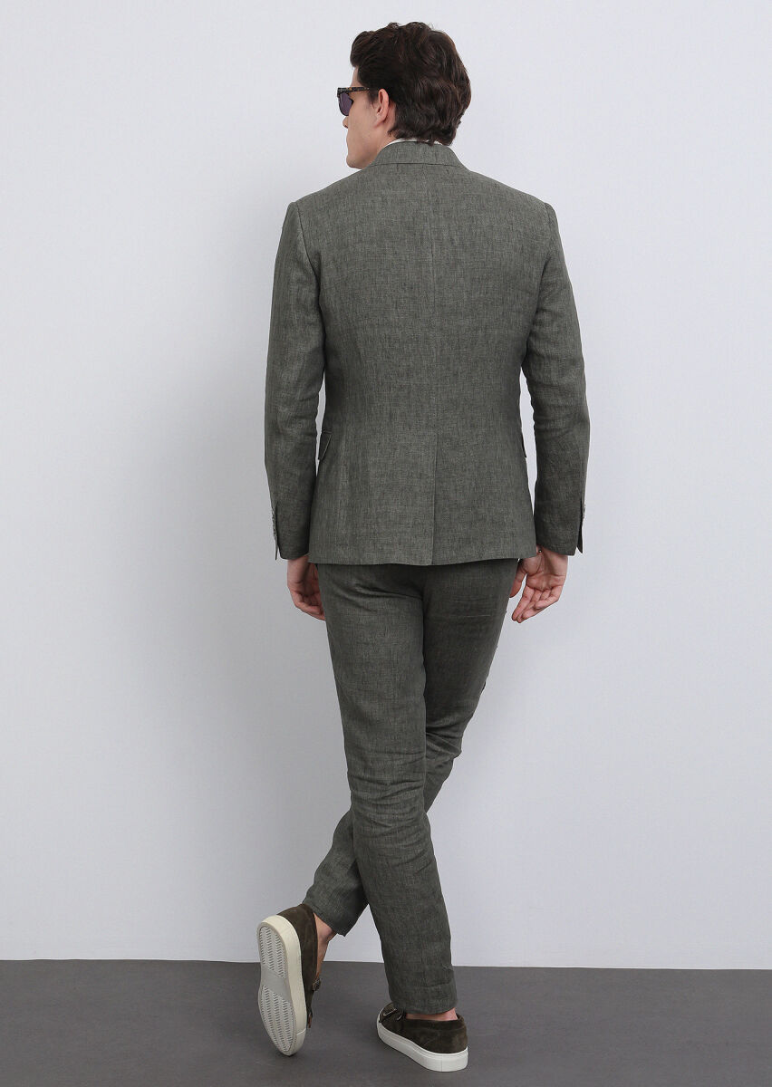 Haki Düz Zeroweight Slim Fit %100 Keten Takım Elbise - 5
