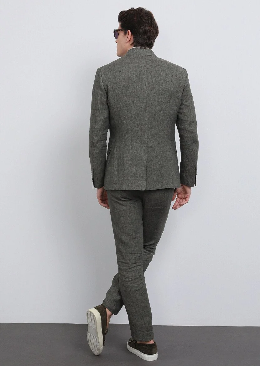 Haki Düz Zeroweight Slim Fit %100 Keten Takım Elbise - 6