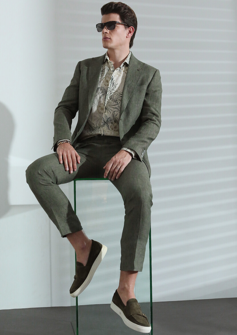 Haki Düz Zeroweight Slim Fit %100 Keten Takım Elbise 