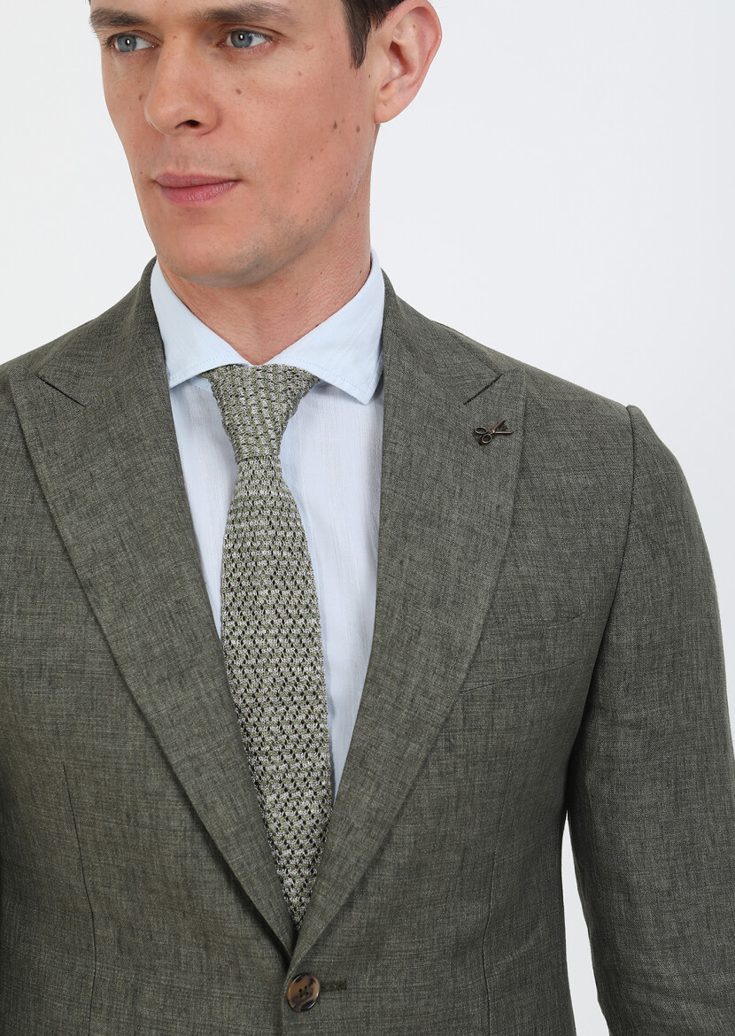 Haki Düz Zeroweight Slim Fit %100 Keten Takım Elbise - 3