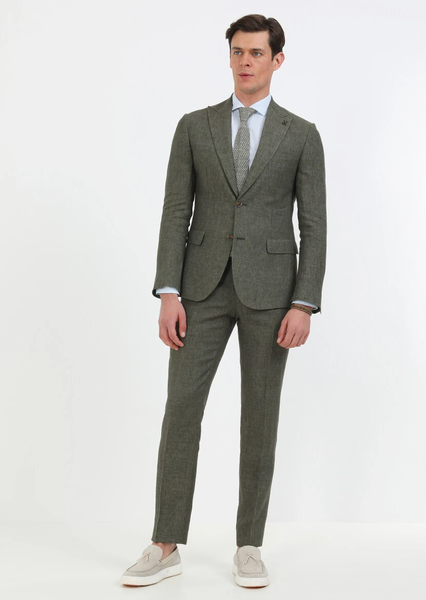 Haki Düz Zeroweight Slim Fit %100 Keten Takım Elbise - 1