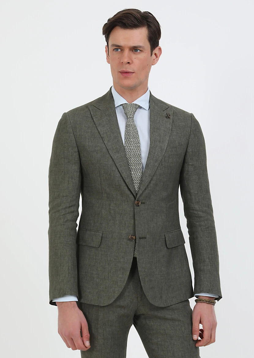 Haki Düz Zeroweight Slim Fit %100 Keten Takım Elbise - 2