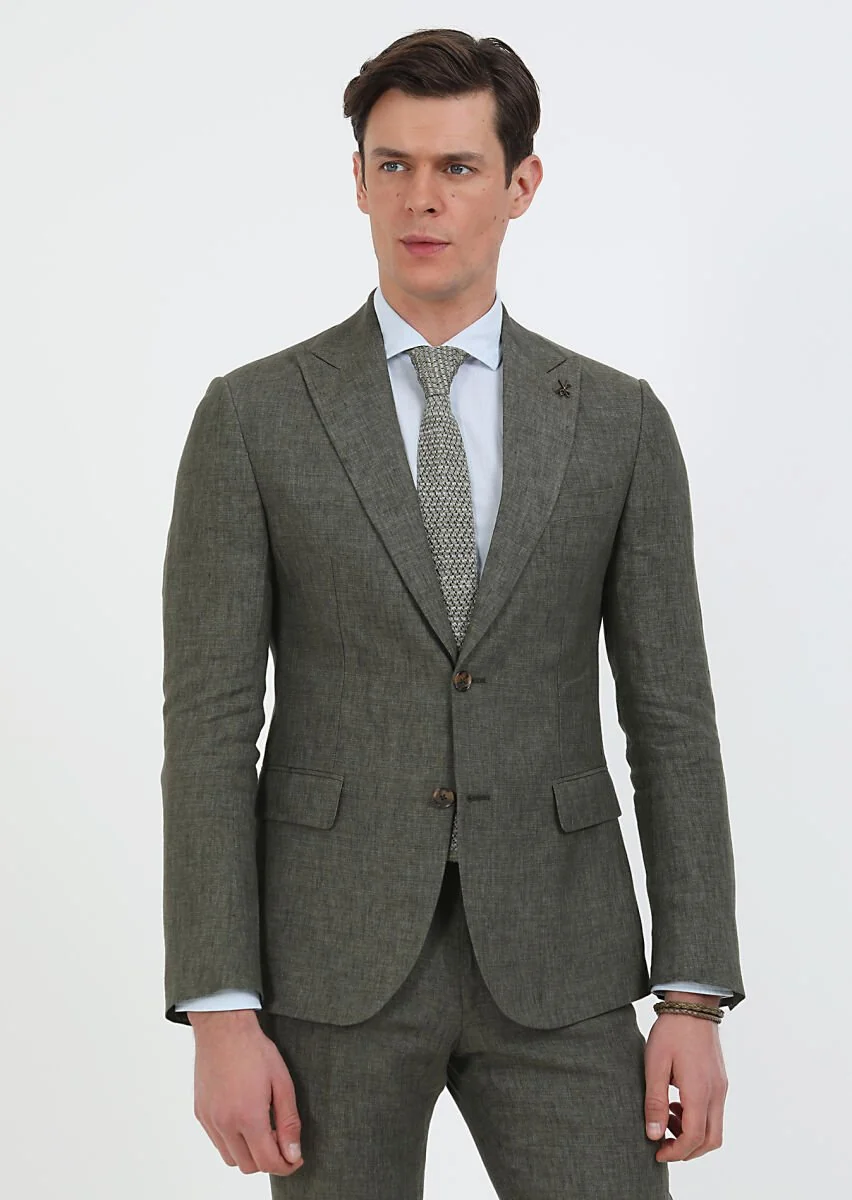Haki Düz Zeroweight Slim Fit %100 Keten Takım Elbise - 2