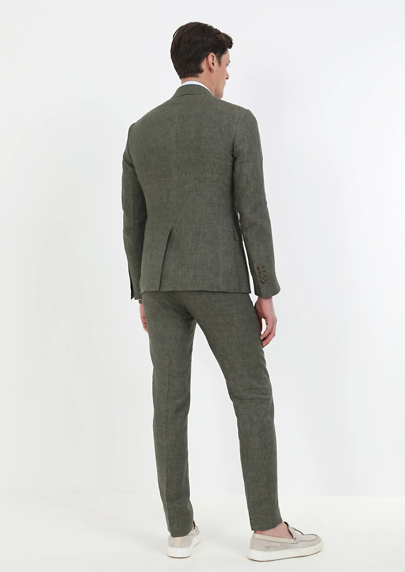 Haki Düz Zeroweight Slim Fit %100 Keten Takım Elbise - 7