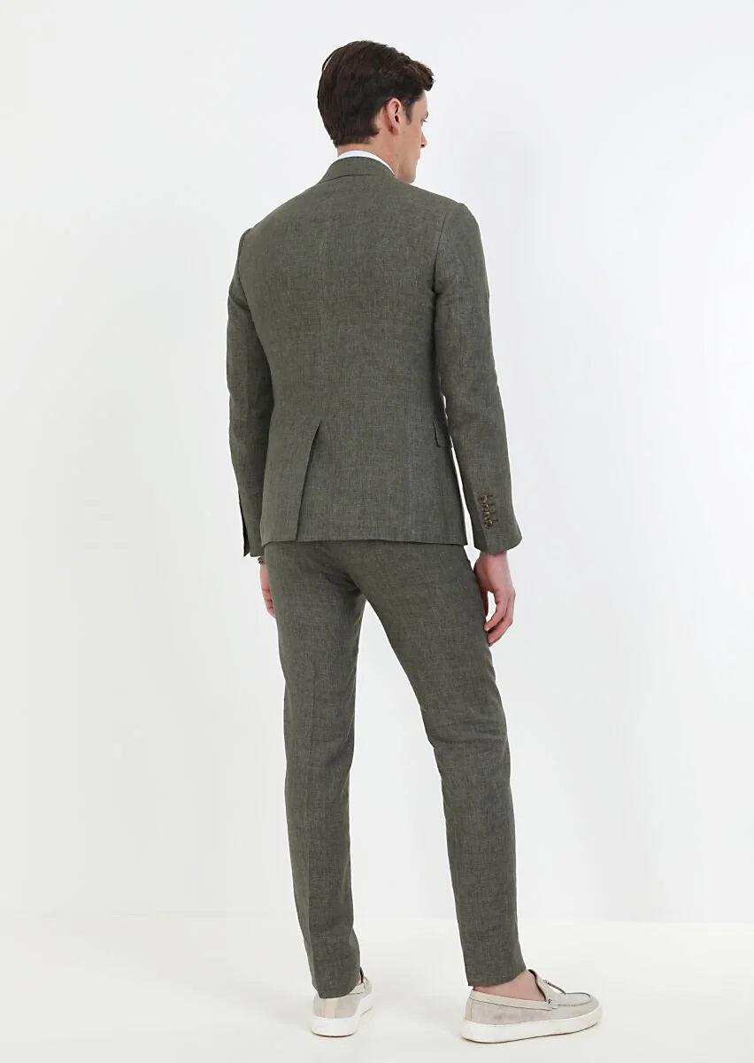 Haki Düz Zeroweight Slim Fit %100 Keten Takım Elbise - 7