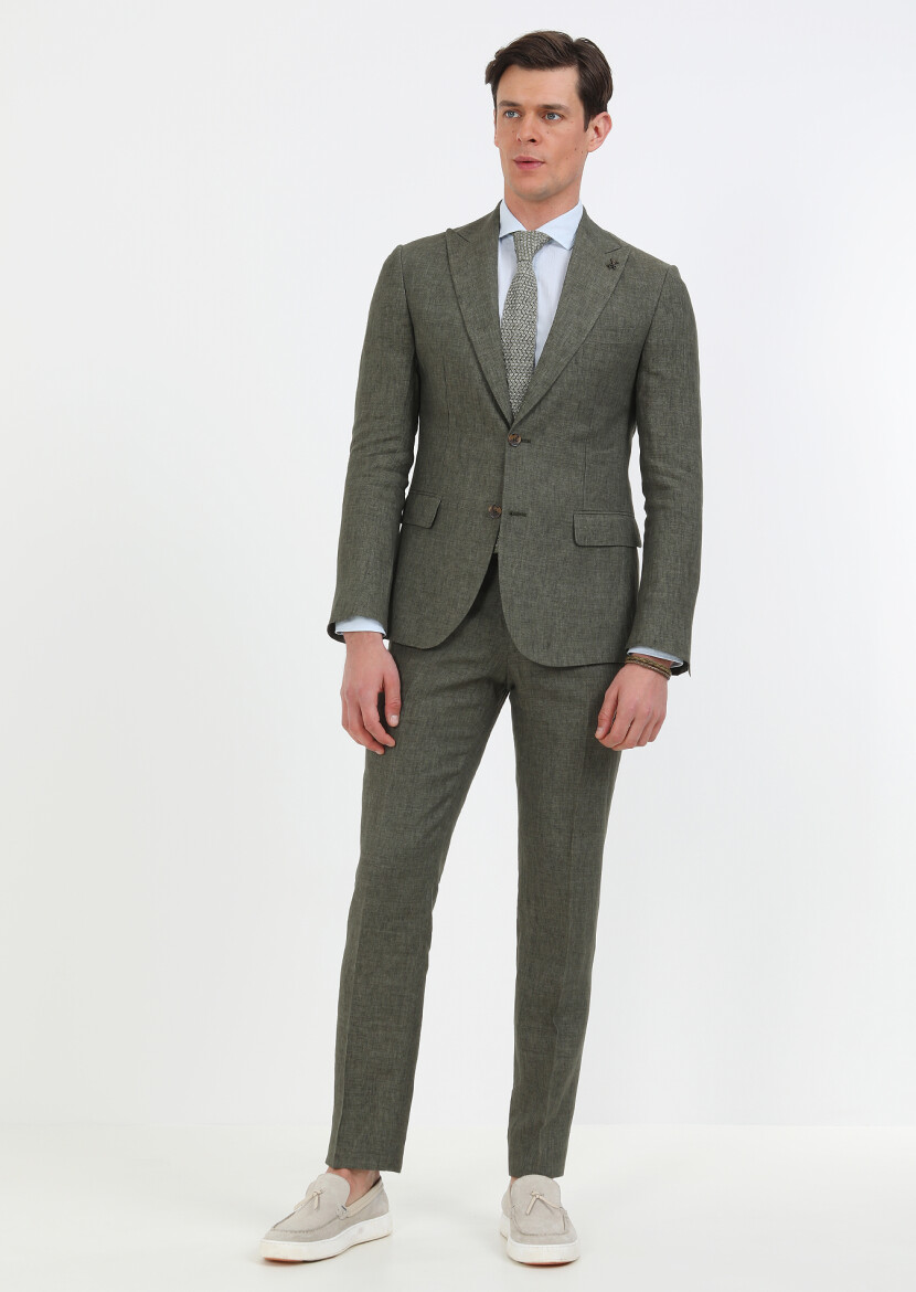 Haki Düz Zeroweight Slim Fit %100 Keten Takım Elbise 