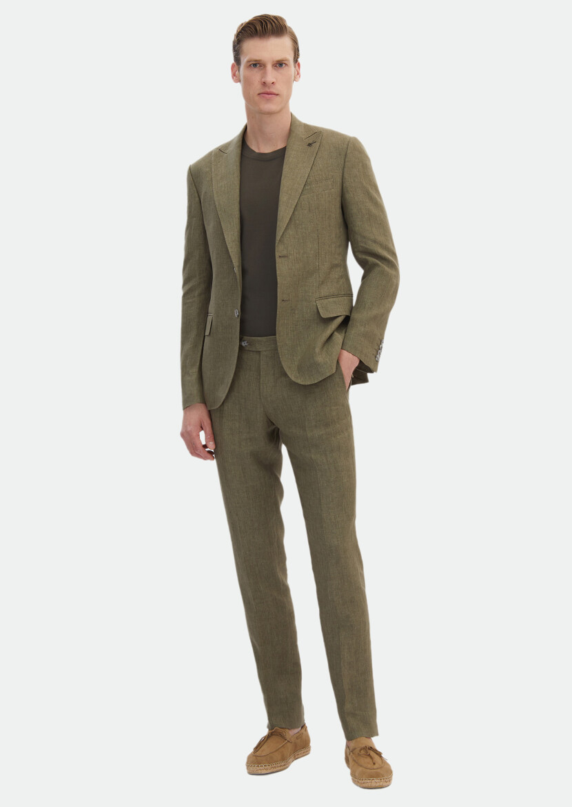 Haki Düz Zeroweight Slim Fit %100 Keten Takım Elbise 