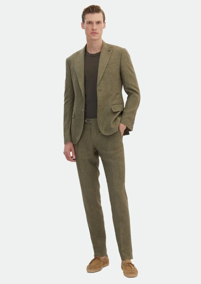 Haki Düz Zeroweight Slim Fit %100 Keten Takım Elbise - 2