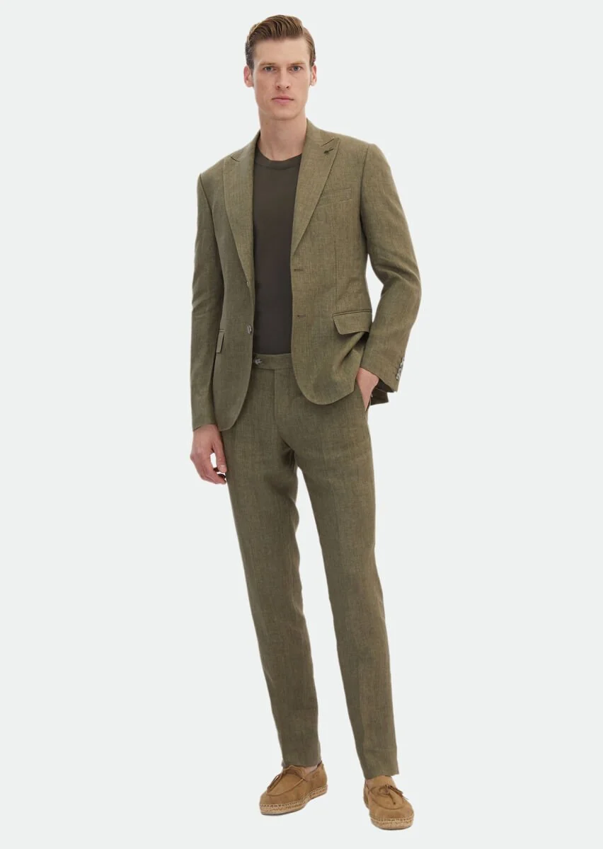 Haki Düz Zeroweight Slim Fit %100 Keten Takım Elbise - 2