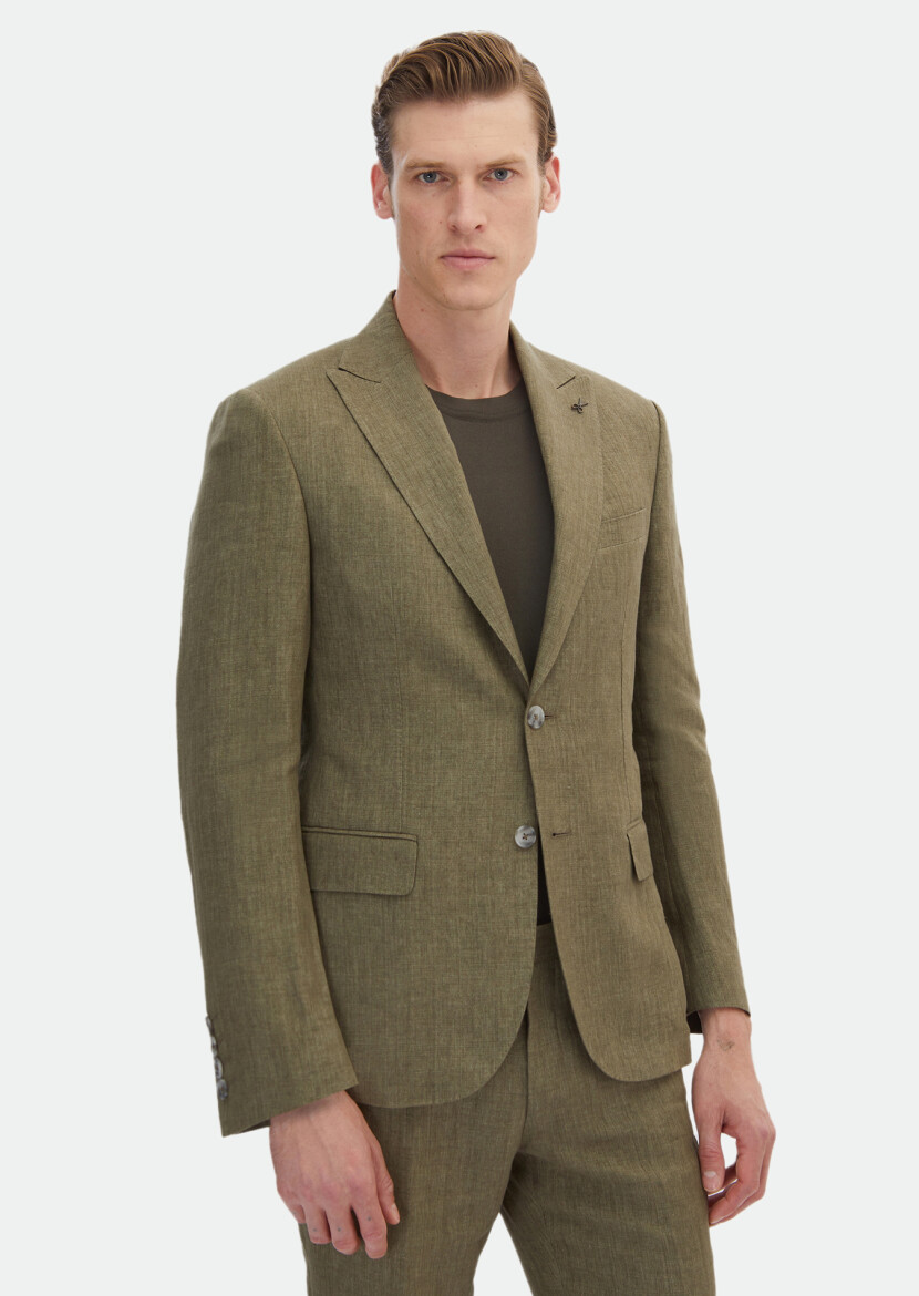 Haki Düz Zeroweight Slim Fit %100 Keten Takım Elbise 