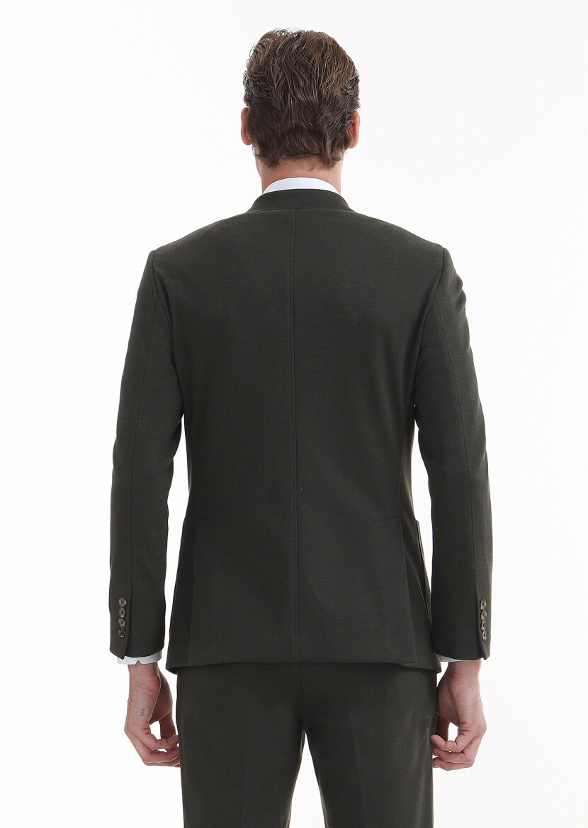 Haki Düz Zeroweight Slim Fit Pamuk Karışımlı Örme Takım Elbise - 5