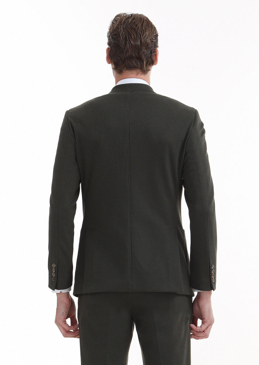 Haki Düz Zeroweight Slim Fit Pamuk Karışımlı Örme Takım Elbise - 5