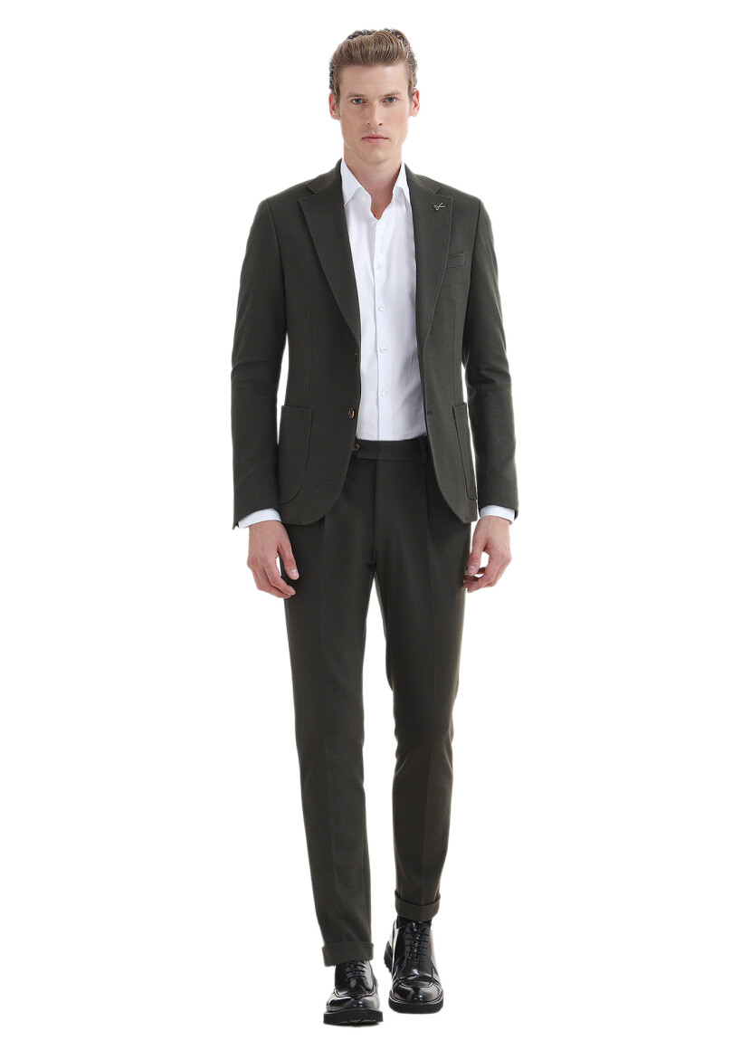 Haki Düz Zeroweight Slim Fit Pamuk Karışımlı Örme Takım Elbise 