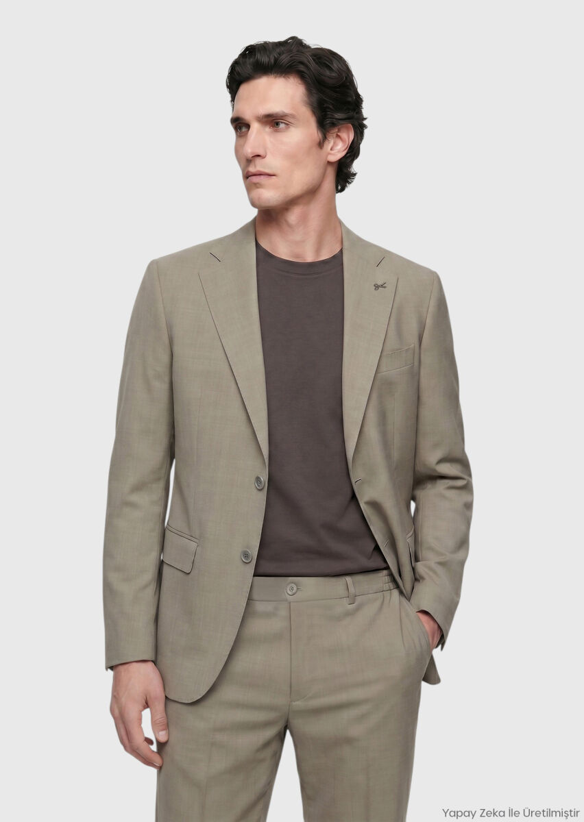 RAMSEY Haki Düz Zeroweight Slim Fit Yün Karışımlı Takım Elbise